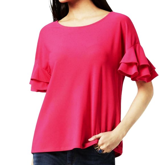 INC International Concepts Tops - INC Tier Ruffle Sleeve Top Stretch Pink XL